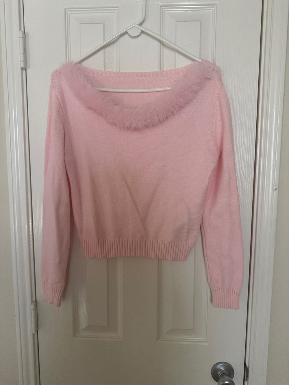 Pink Faux-Fur Trim Boatneck Sweater